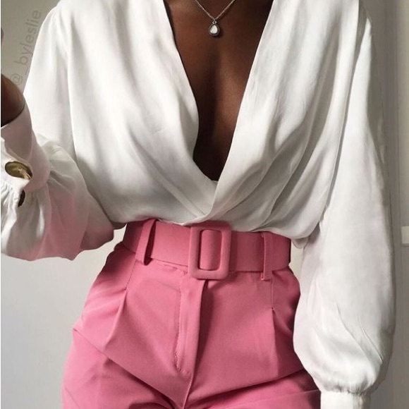 Zara pink High Waisted PANTS WITH FABRIC-COVERED BELT - Picture 4 of 15